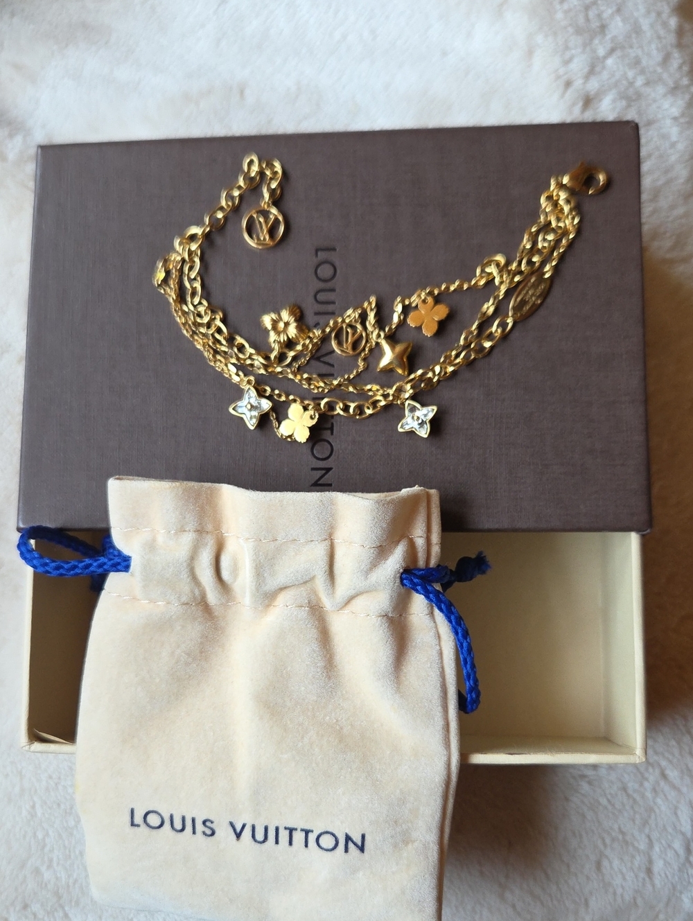 Louis Vuitton Gold Multi-Charm Layered Bracelet with Crystal Accents